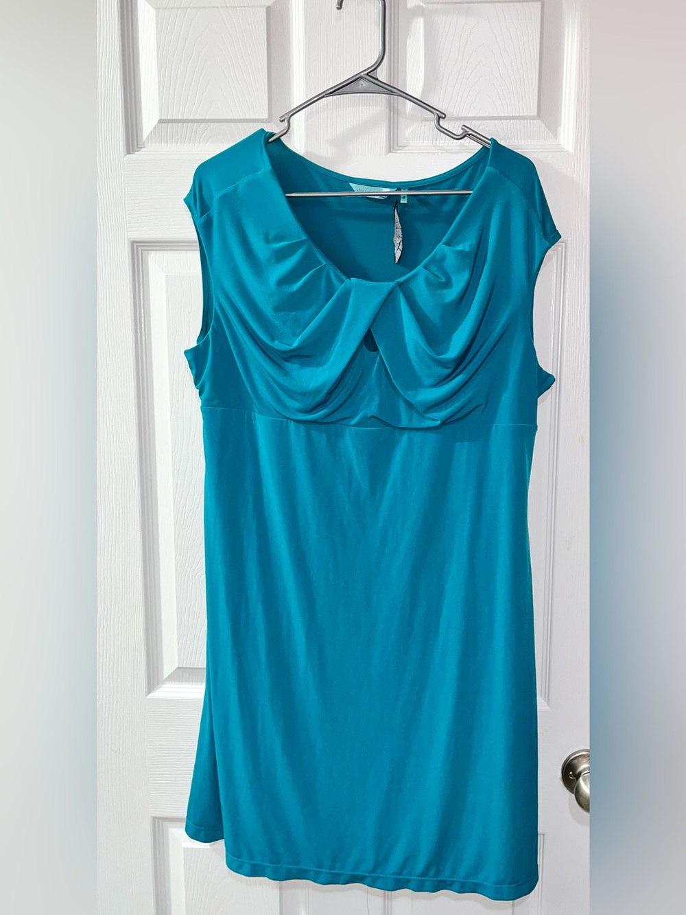 Sleeveless Teal Midi Dress with Draped Front keyhole